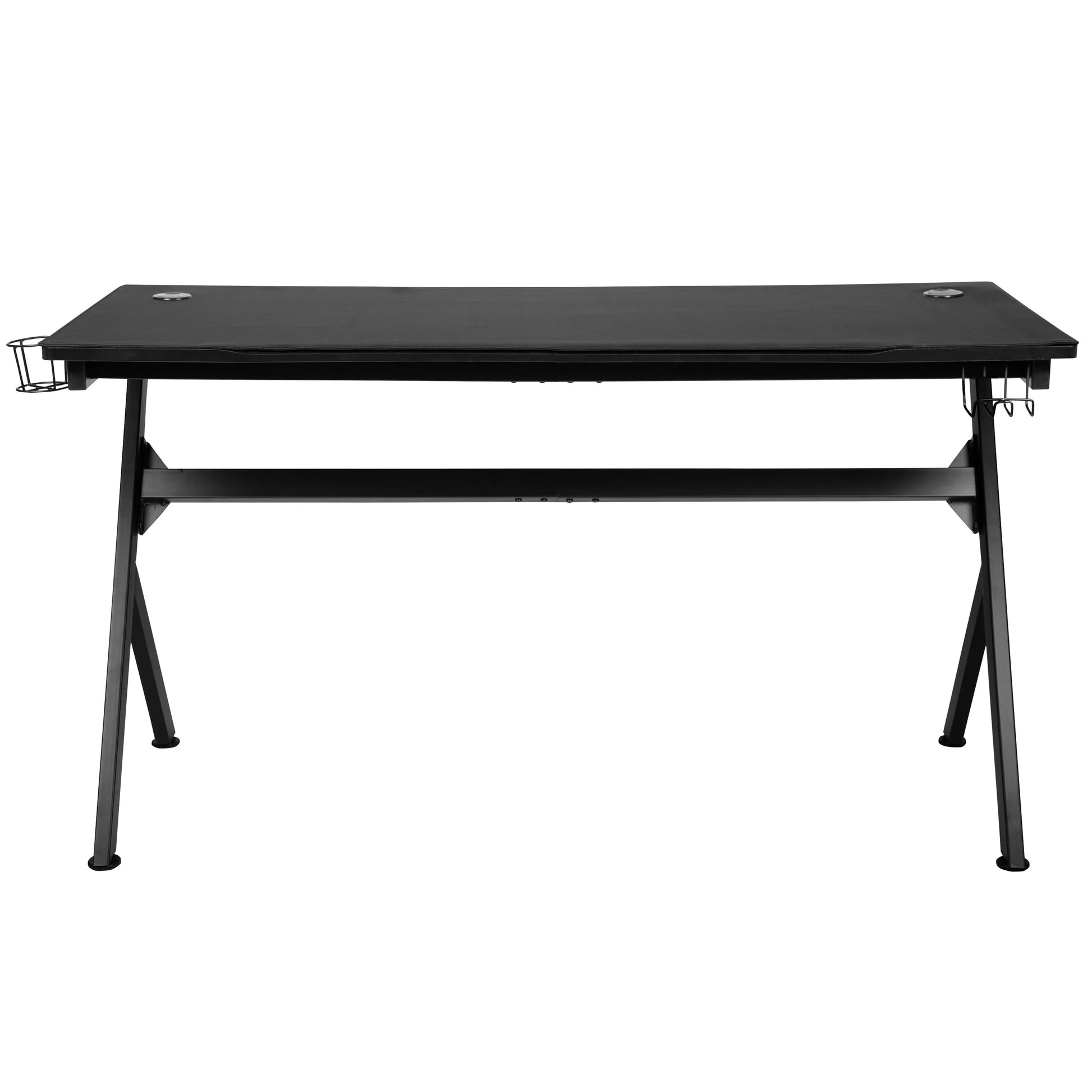 Black outdoor portable table with metal frame and fabric top, cup holder and hooks on sides