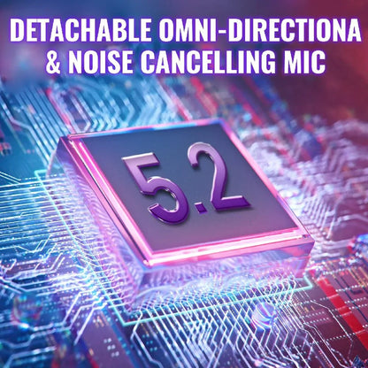 3D microchip with glowing circuits and text about detachable omni-directional noise cancelling mic