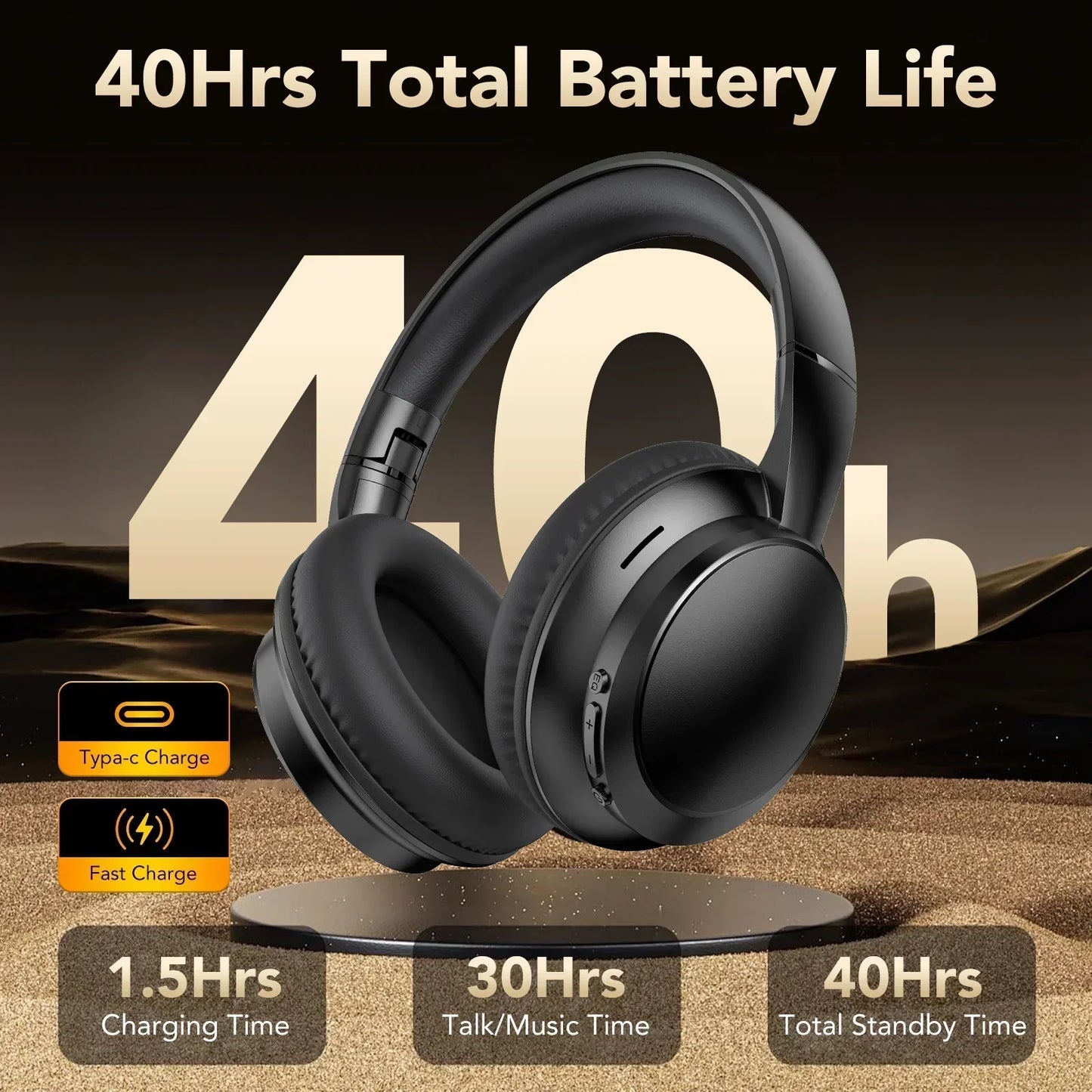Wireless gaming headset with 40 hours battery life, black over-ear design, fast Type-C charging
