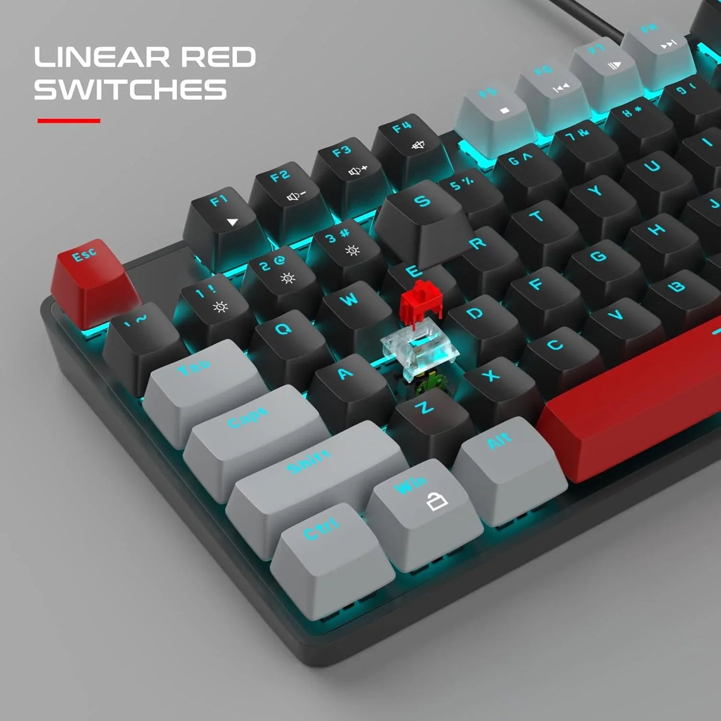 Mechanical gaming keyboard with RGB backlighting, featuring linear red switches and red and gray keycaps