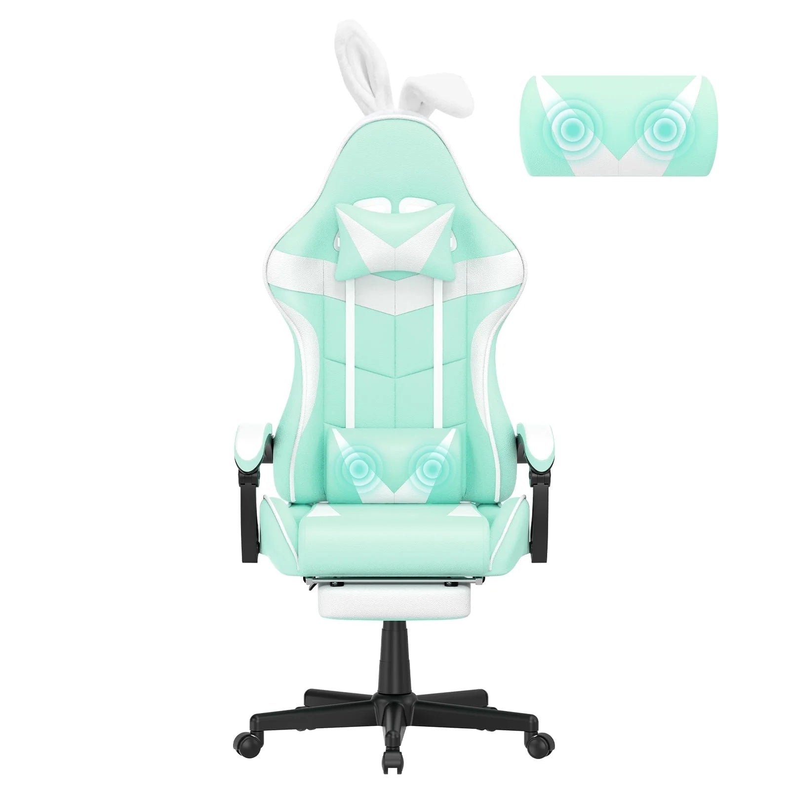 Mint green gaming chair with bunny ears, owl lumbar pillow, and white accents for ergonomic comfort