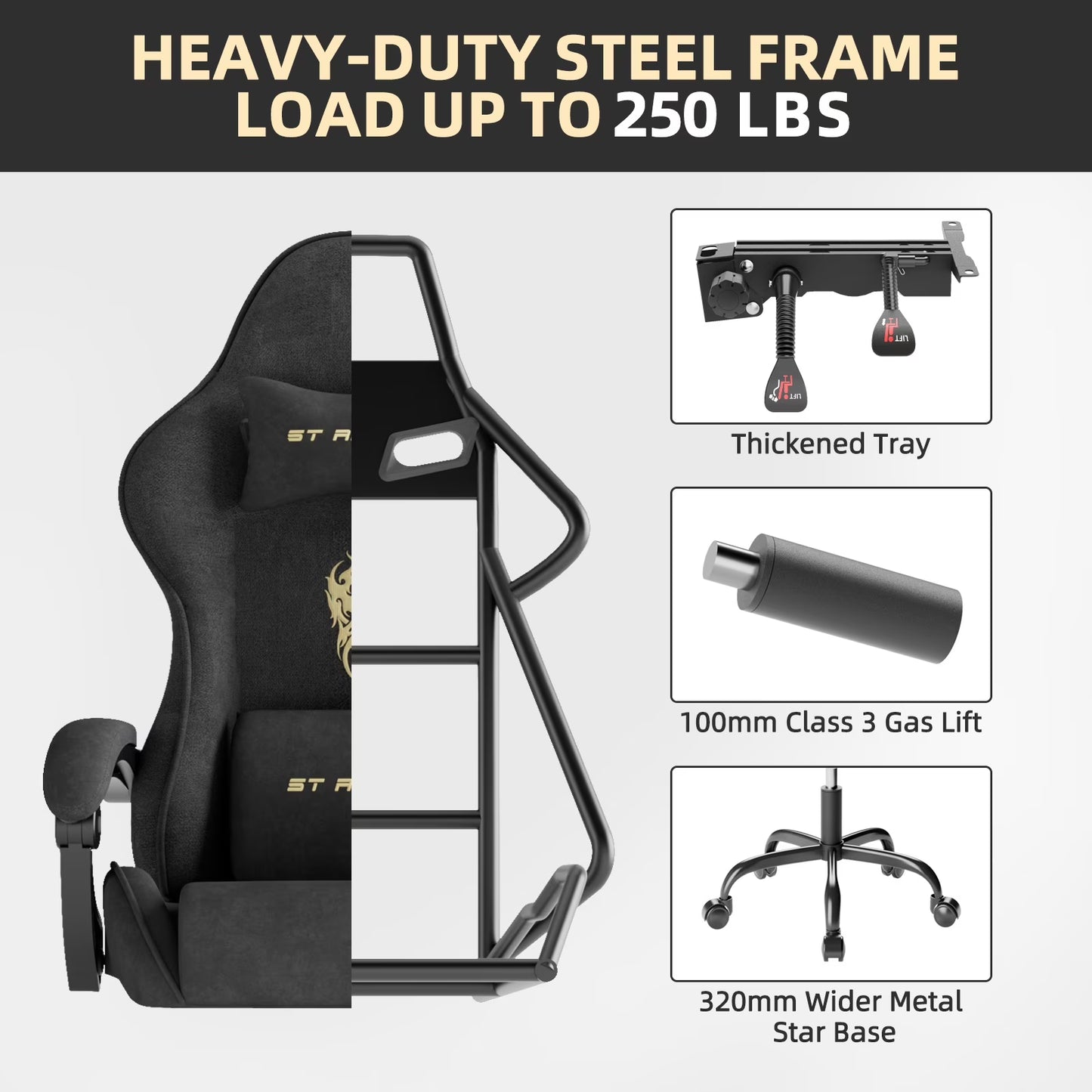 Black gaming chair with heavy-duty steel frame, thickened tray, 100mm gas lift, and 320mm star base