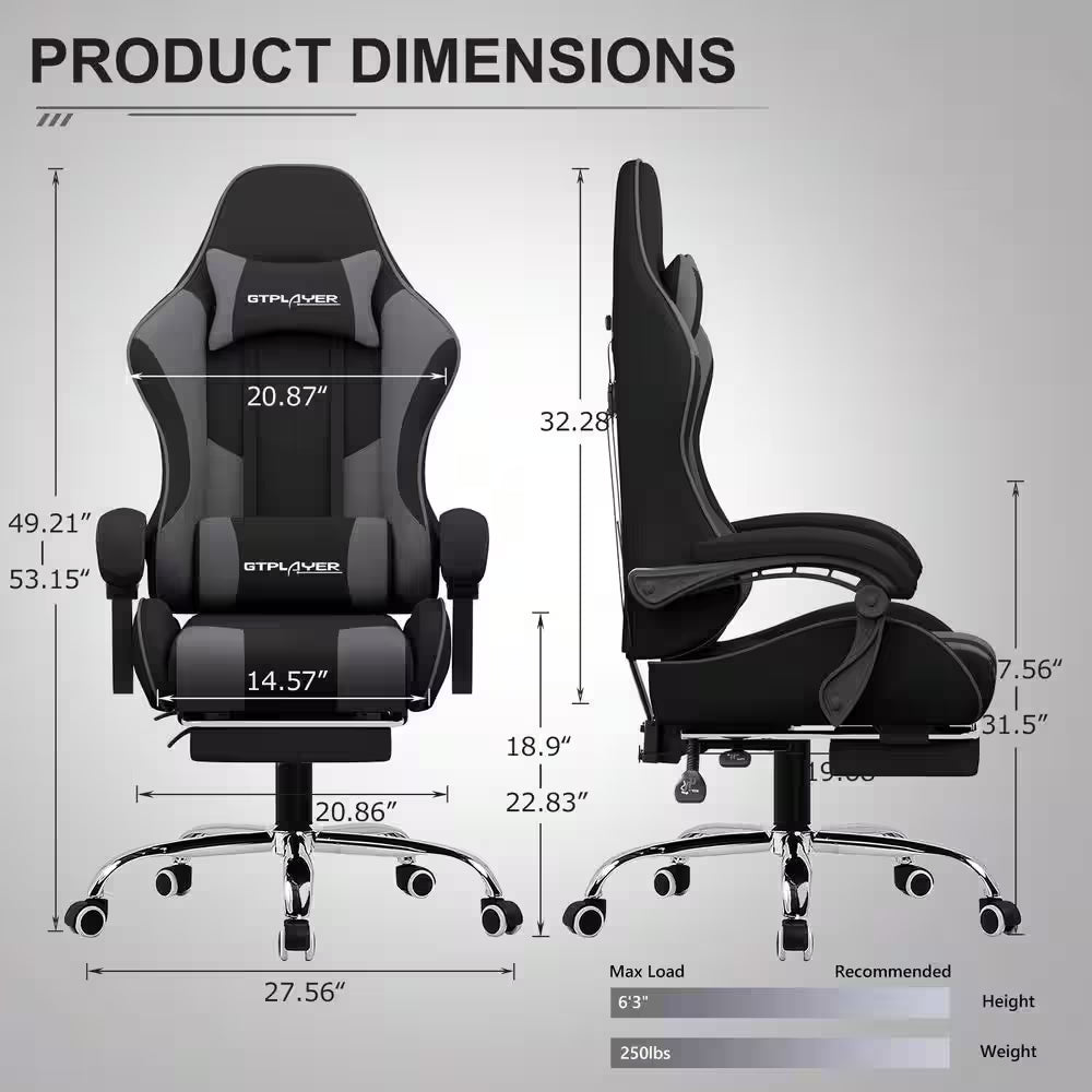 Gaming chair dimensions diagram showing height, width, depth, max load 250lbs, recommended for 6'3" users