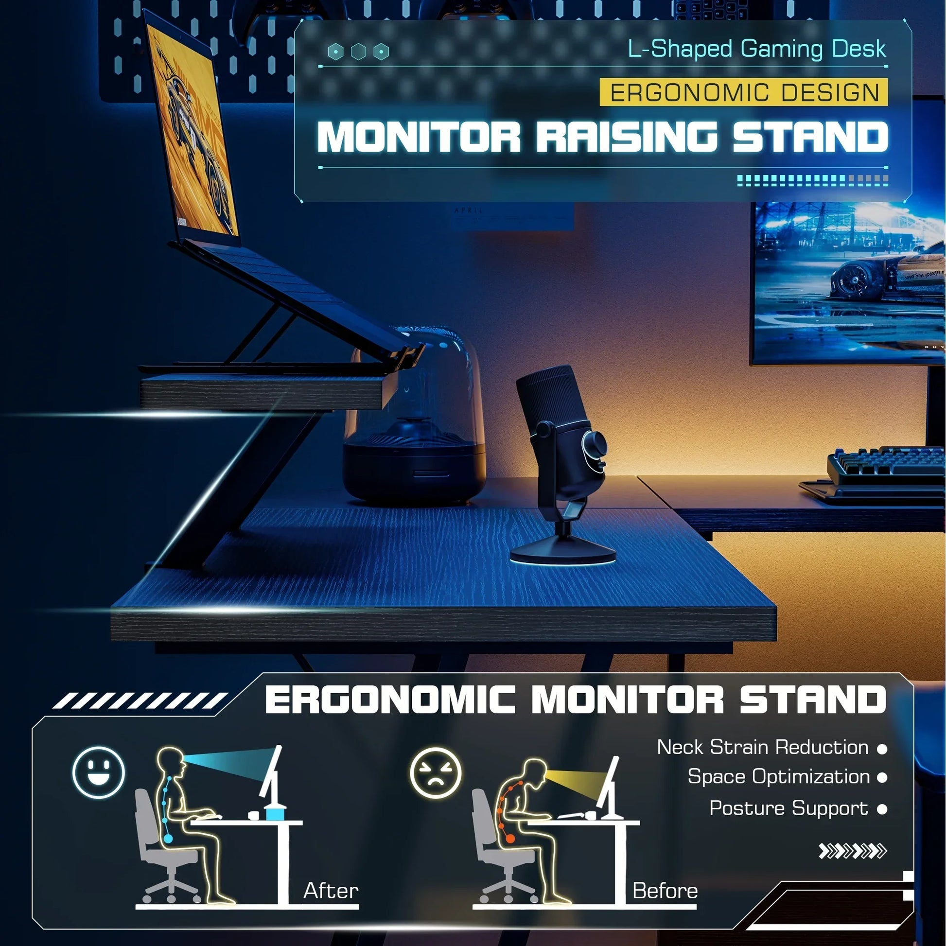 L-shaped gaming desk with ergonomic monitor raising stand and microphone setup in blue-lit room