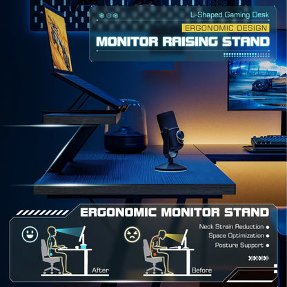L-shaped gaming desk with ergonomic monitor raising stand and microphone setup in blue-lit room