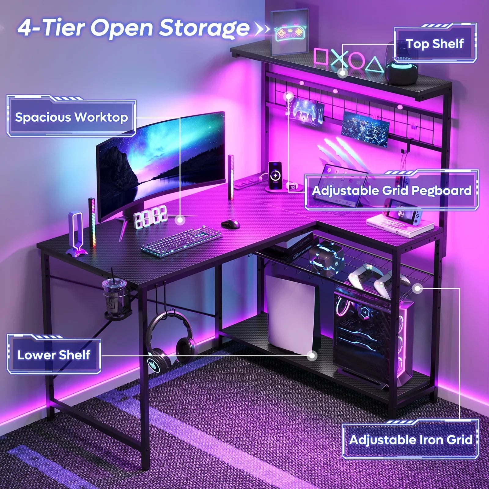 L-shaped gaming desk with 4-tier open storage, adjustable grid pegboard, top and lower shelves, illuminated by pink and purple LED lights