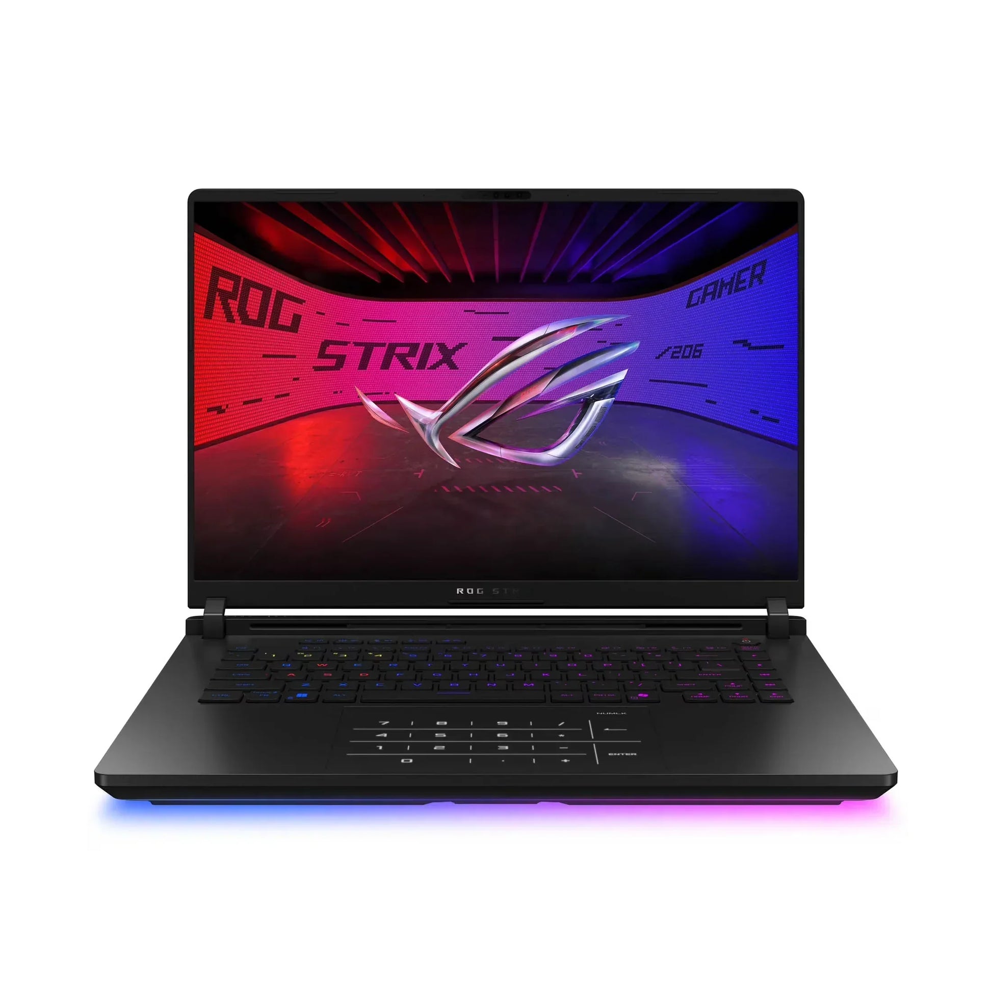 Gaming laptop with RGB keyboard, ROG Strix logo on screen, vibrant red and blue lighting