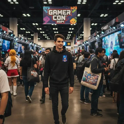 Young man in black hoodie at crowded Gamer Con 2024 gaming event with colorful booths and cosplay attendees