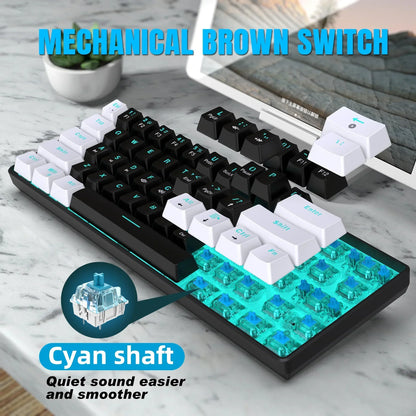 Mechanical brown switch gaming keyboard with cyan shaft, RGB lighting, on marble desk