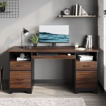 59” Computer Desk with 4 Drawers, Office Executive Desk with File Drawer, Keyboard Tray for Home Office, Gray