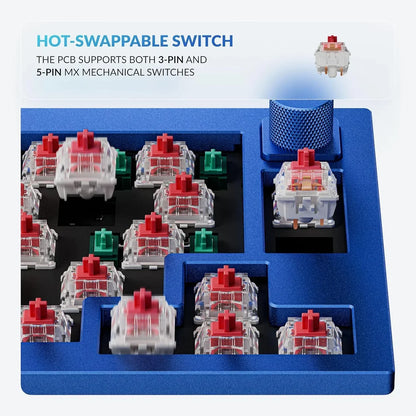 Hot-swappable mechanical keyboard switches with red and green stems on a blue keyboard frame
