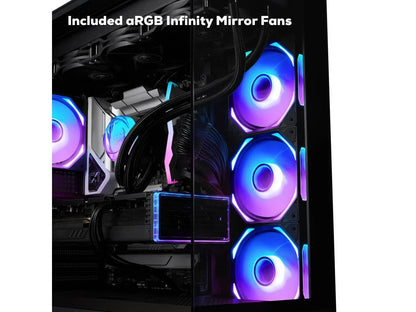 Gaming PC with aRGB infinity mirror fans glowing blue and purple inside a black case