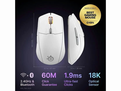 Rival 3 Wireless Gen 2 Gaming Mouse — 2.4Ghz and Bluetooth — 18000 DPI Truemove Air Optical Sensor — 60 Million Click Durability — Light-Weight — 100% PTFE Feet — White