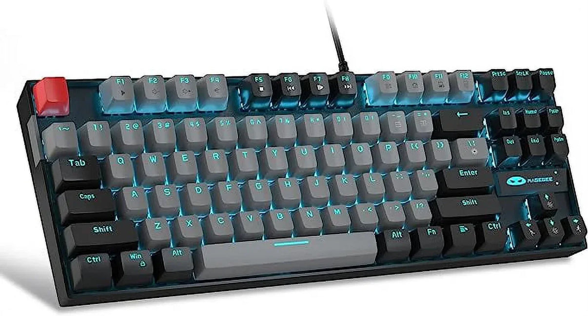 RGB-backlit mechanical gaming keyboard with grey and black keycaps, retro 8-bit style