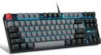 RGB-backlit mechanical gaming keyboard with grey and black keycaps, retro 8-bit style