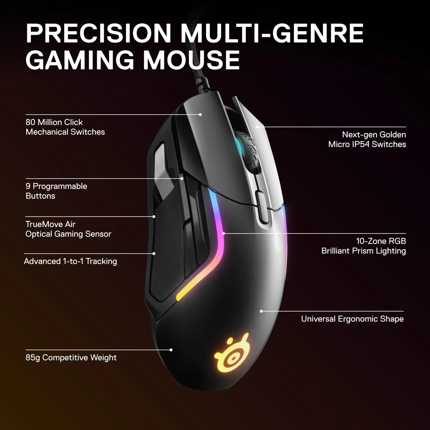 Black precision multi-genre gaming mouse with RGB lighting, 9 programmable buttons, ergonomic shape