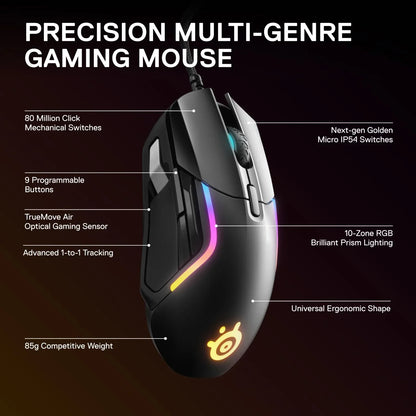 Black precision multi-genre gaming mouse with RGB lighting, 9 programmable buttons, ergonomic shape