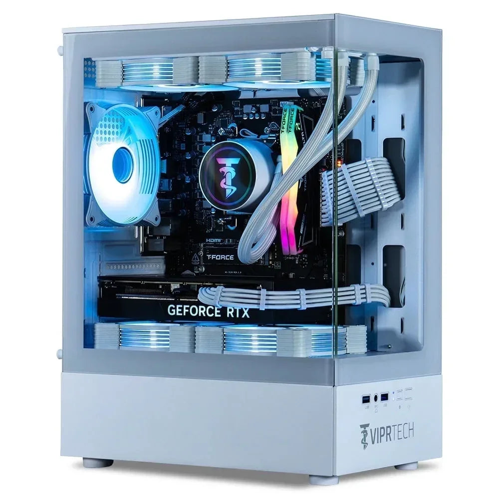 White gaming PC with RGB lighting, GeForce RTX graphics, and clear side panel