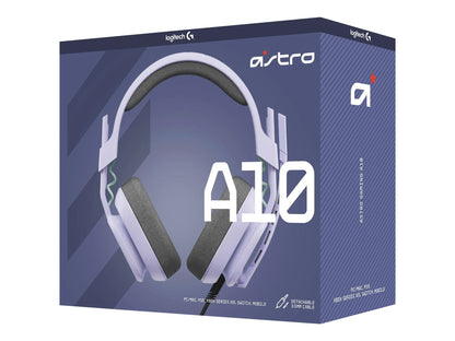 Logitech Astro A10 gaming headset box in purple with white and gray headphones and detachable 3.5mm cable