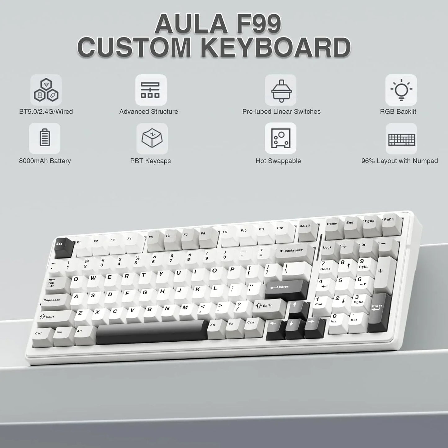 AULA F99 custom keyboard with white PBT keycaps, RGB backlit, numpad, and wireless features.