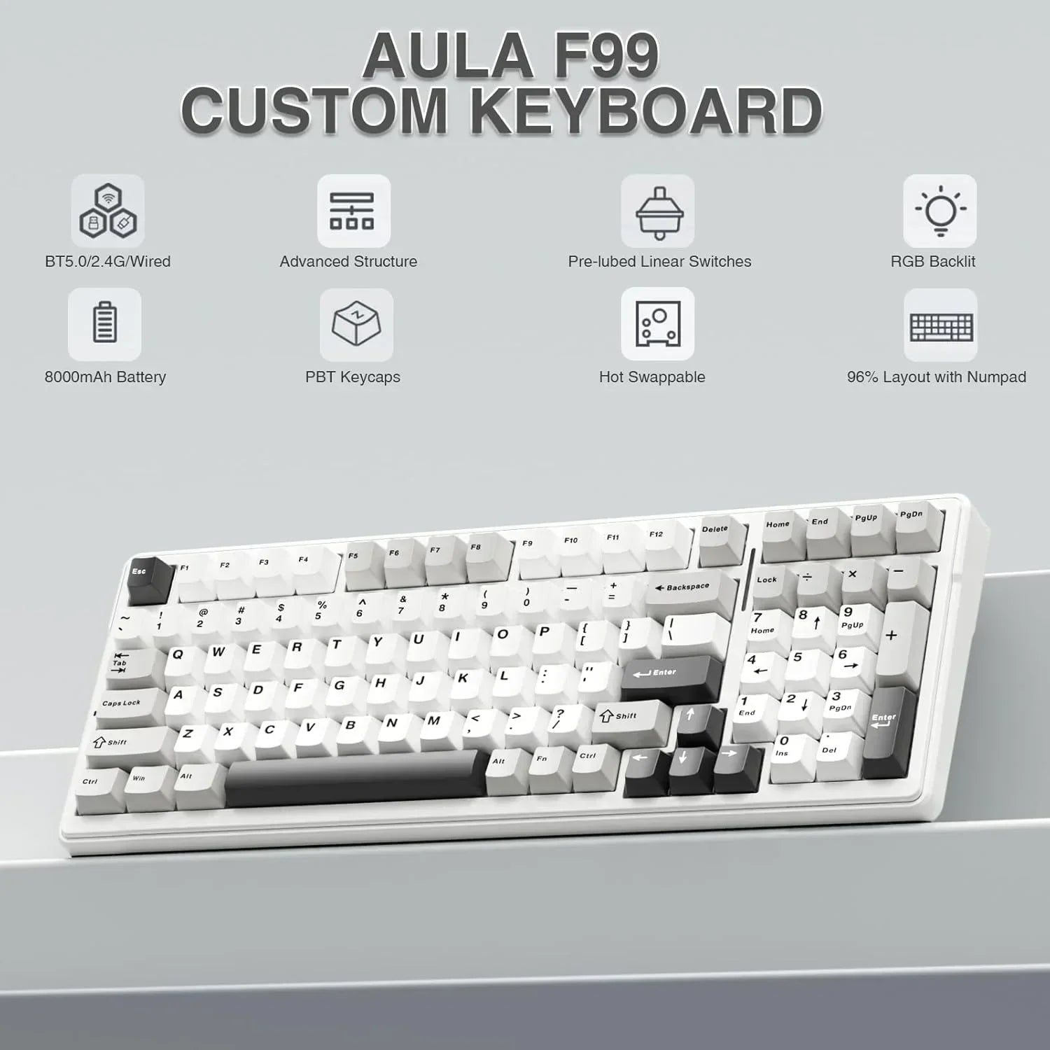 AULA F99 custom keyboard with white PBT keycaps, RGB backlit, numpad, and wireless features.