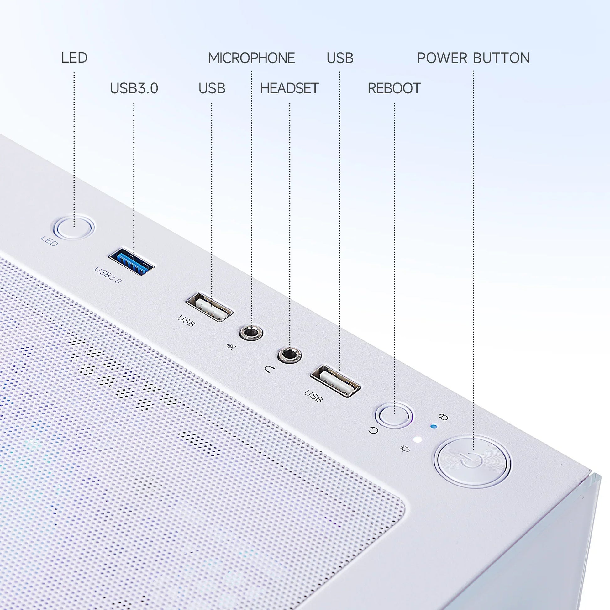 White PC case top panel with LED button, USB 3.0, USB ports, microphone, headset jacks, reboot and power buttons