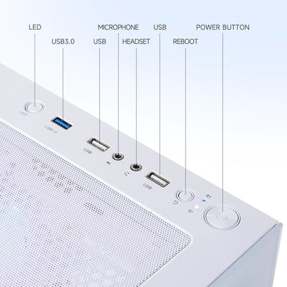 White PC case top panel with LED button, USB 3.0, USB ports, microphone, headset jacks, reboot and power buttons
