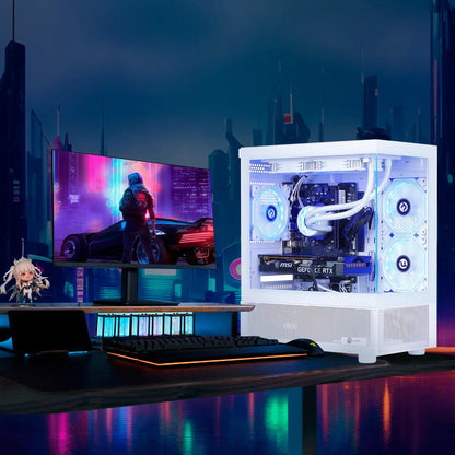 White gaming PC with illuminated cooling fans and MSI GeForce RTX graphics card on desk with curved monitor displaying cyberpunk game