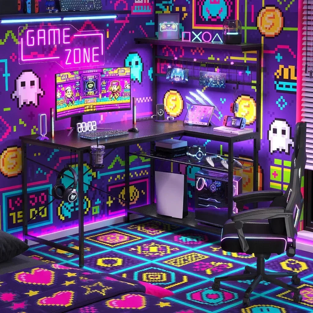 Retro 8-bit gaming setup with dual monitors, RGB keyboard, headset, and neon decor