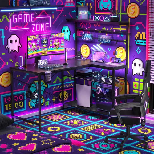 Retro 8-bit gaming setup with dual monitors, RGB keyboard, headset, and neon decor