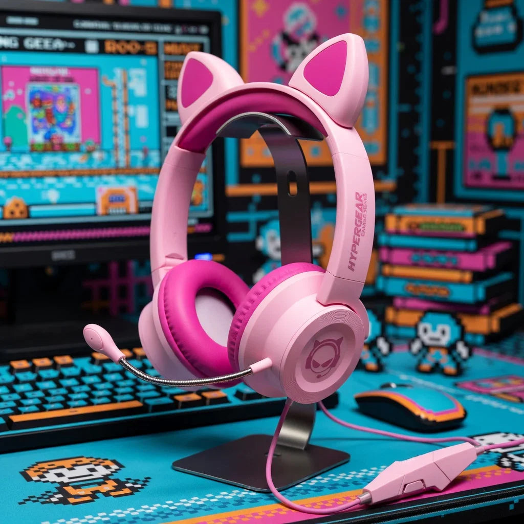 Pink cat ear gaming headset with microphone on a stand, surrounded by retro 8-bit gaming setup.