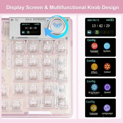 AULA transparent mechanical keypad with display screen and multifunctional knob, retro gaming keyboard features, pink background.
