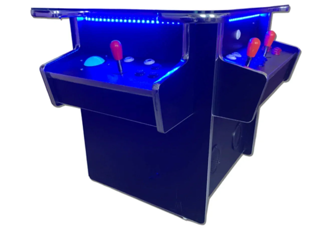 Retro 8-bit arcade table with LED lighting, joystick controls, and blue accents, Byte Style gaming gear