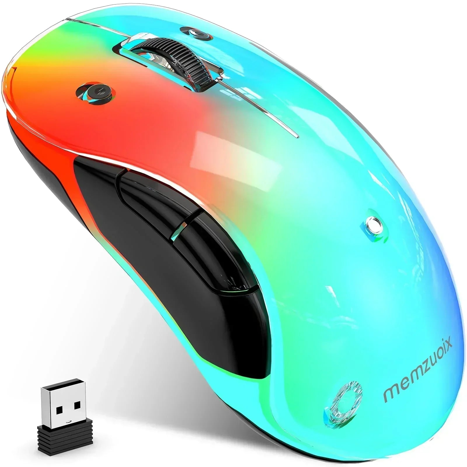 Wireless gaming mouse with RGB gradient colors and USB receiver