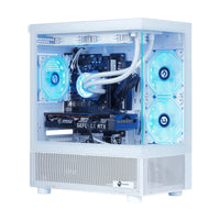 White PC case with transparent panels showcasing MSI GeForce RTX graphics card, RGB cooling fans, and liquid cooling system