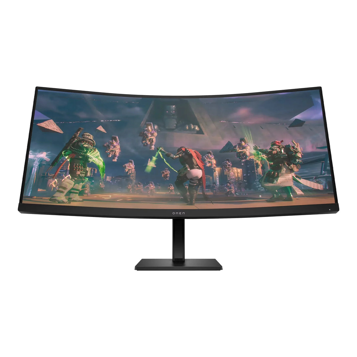 Curved OMEN gaming monitor displaying sci-fi game battle scene with armored characters and futuristic environment