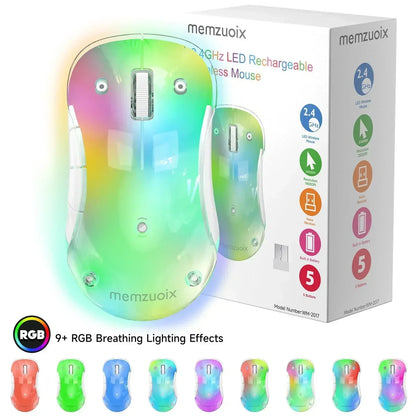 RGB wireless gaming mouse with rainbow LED lights, rechargeable, shown in packaging.