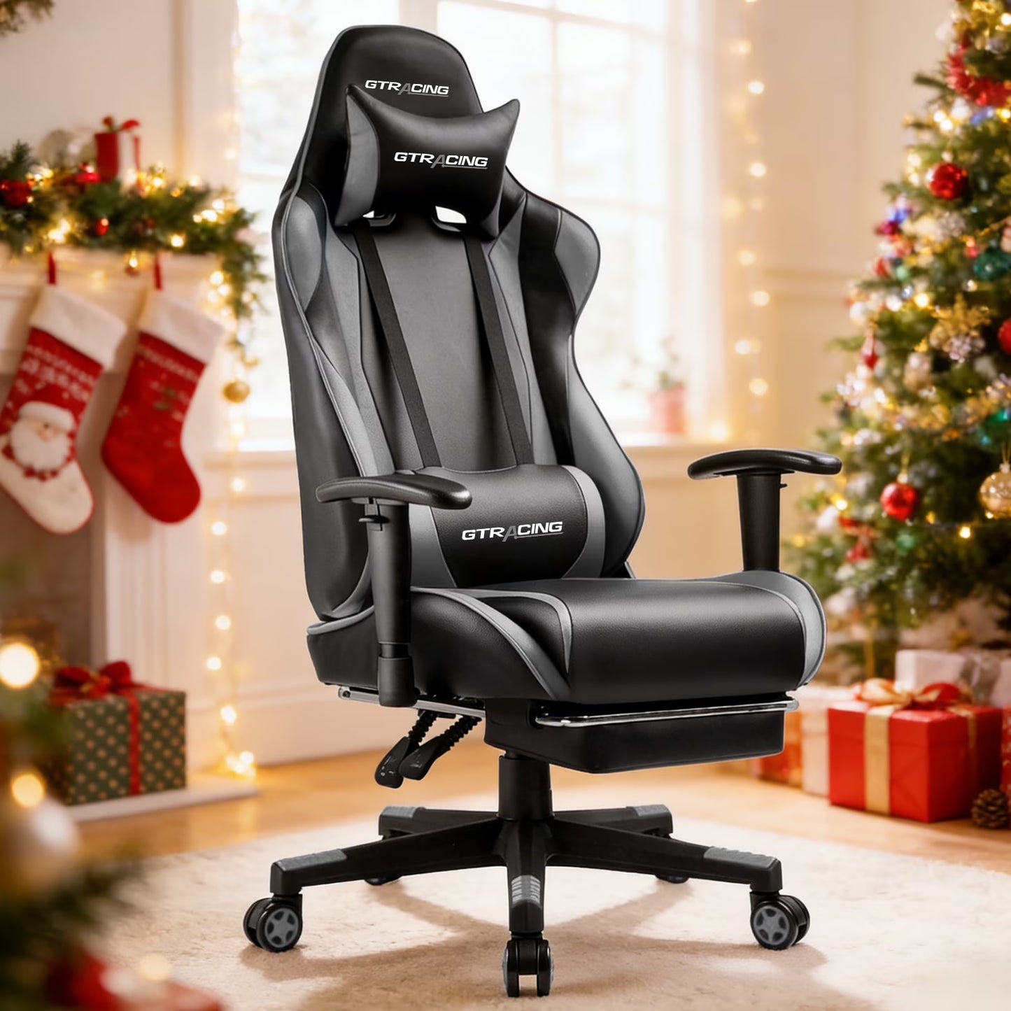 GTRACING gaming chair with lumbar support, headrest, and footrest in festive holiday room