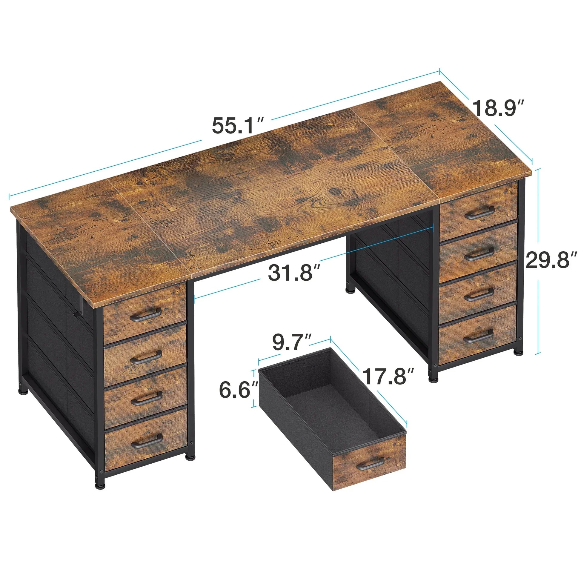 Vintage Computer Desk with Drawers for Storage - 55 Inch Home Office Desk with 8 Fabric Drawers, Writing Study Desk with Drawers on Both Sides for Bedroom