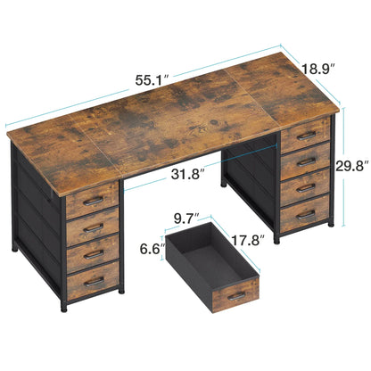 Vintage Computer Desk with Drawers for Storage - 55 Inch Home Office Desk with 8 Fabric Drawers, Writing Study Desk with Drawers on Both Sides for Bedroom