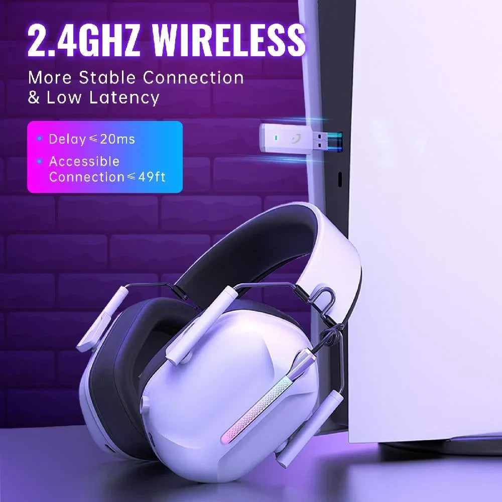 White wireless headphones with 2.4GHz USB receiver plugged into a computer, highlighted by purple lighting