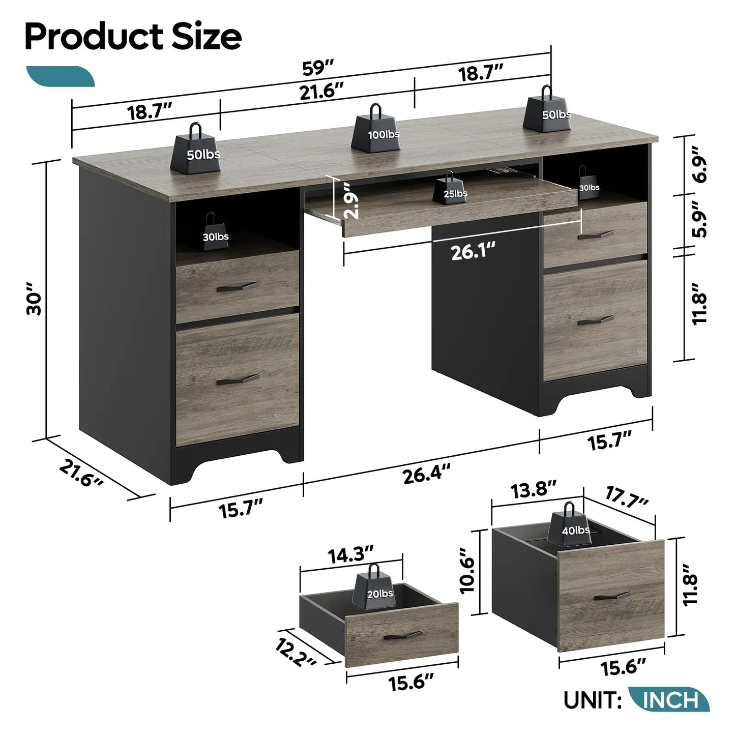 59” Computer Desk with 4 Drawers, Office Executive Desk with File Drawer, Keyboard Tray for Home Office, Gray