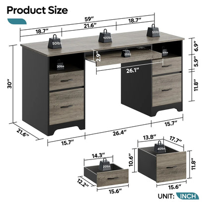 59” Computer Desk with 4 Drawers, Office Executive Desk with File Drawer, Keyboard Tray for Home Office, Gray
