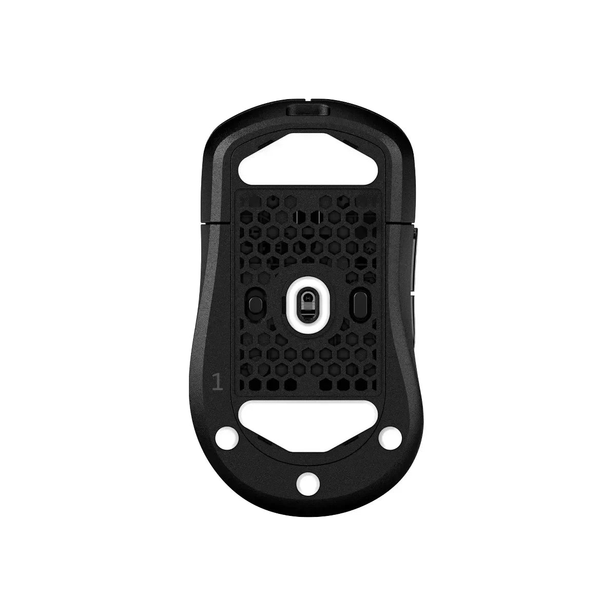 Bottom view of black gaming mouse with honeycomb shell and sensor in center