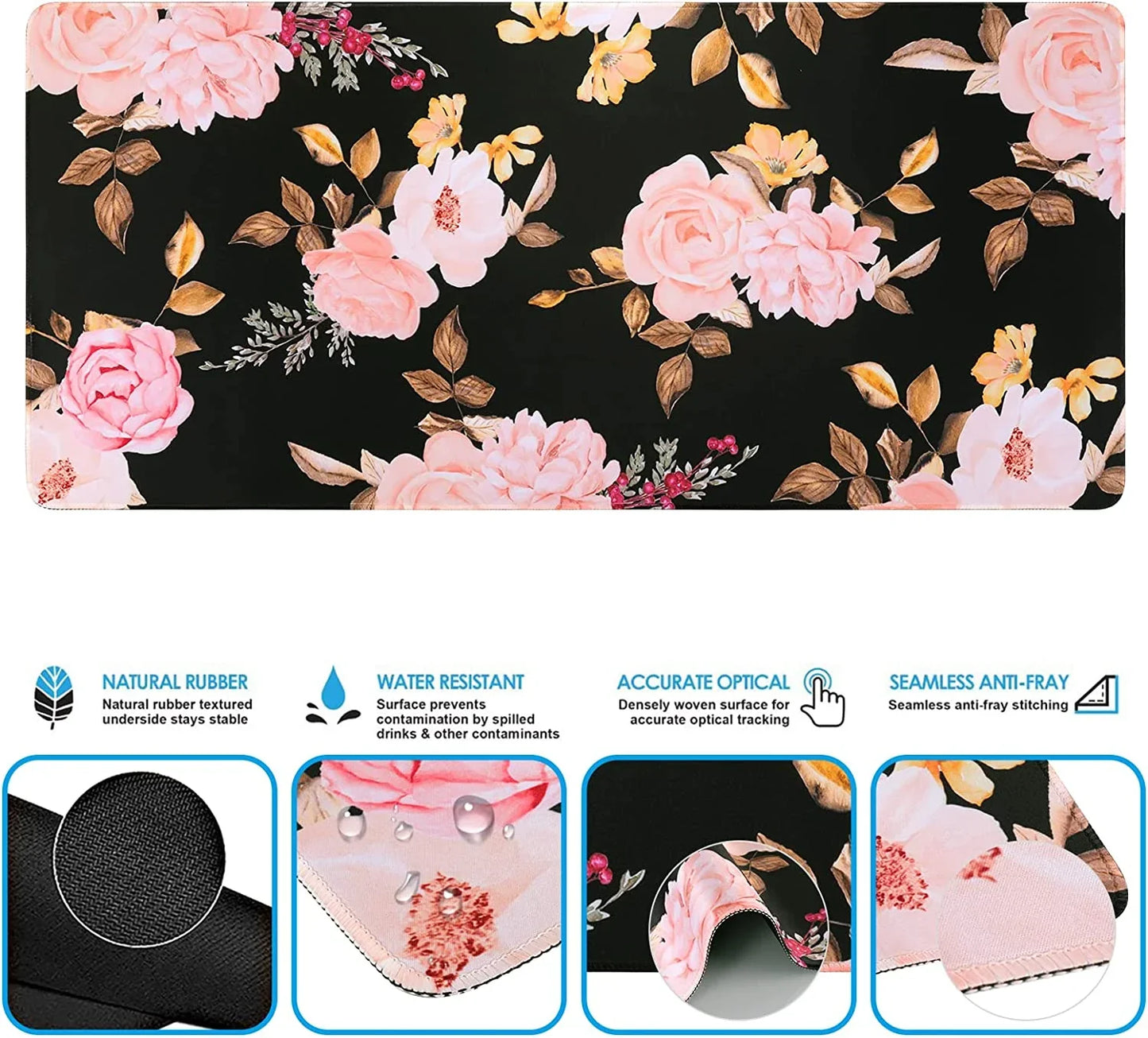 Floral gaming mouse pad with pink roses on black, natural rubber, water resistant, seamless anti-fray stitching