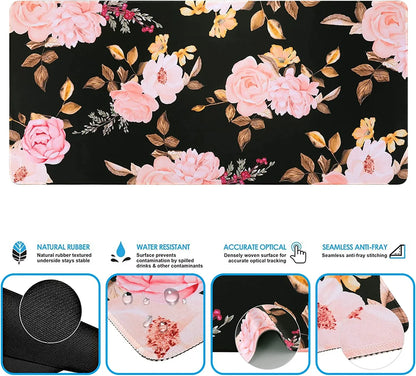Floral gaming mouse pad with pink roses on black, natural rubber, water resistant, seamless anti-fray stitching