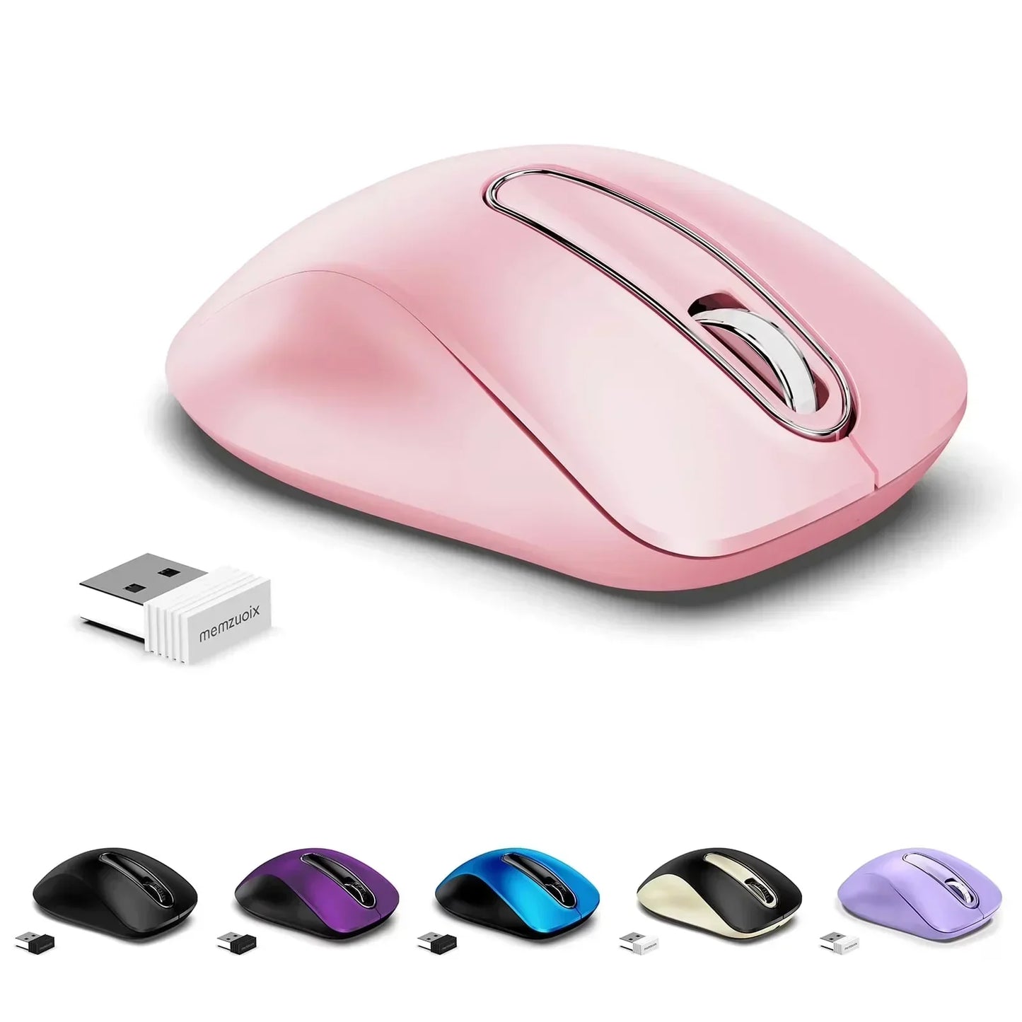 Wireless gaming mouse in pink and other colors with USB receiver, ergonomic design