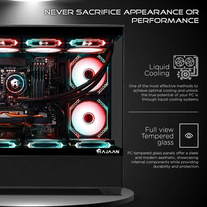 RGB liquid cooled gaming PC with tempered glass case and illuminated fans on display.