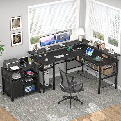 L Shaped Desk with Power Outlets and LED Light, 55 Inch Reversible L-Shaped Gaming Desk with Monitor Stand, Ergonomic Corner Computer Desk with Storage Shelf for Home Office, White