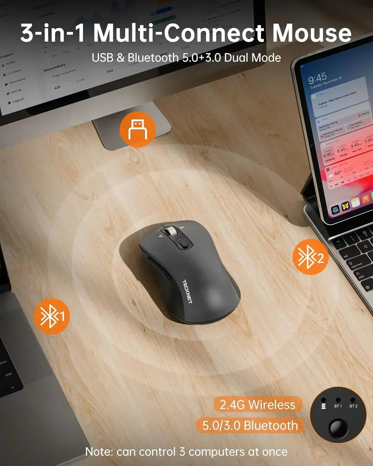 3-in-1 multi-connect wireless mouse on desk, compatible with USB and Bluetooth for multiple devices